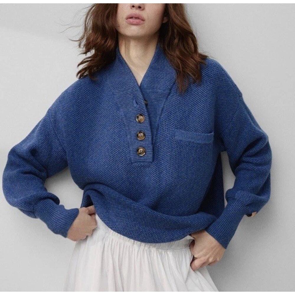 Lunya Cozy Cottonsilk Cotton Silk Pocket Henley Sweater Lake Blue Marl Sz L XL